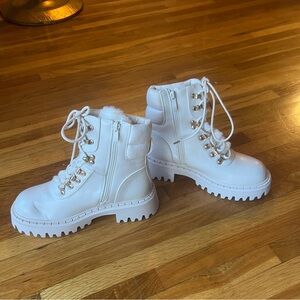 Dolls Kill Lady Go Diva White Faux Fur Combat Boots